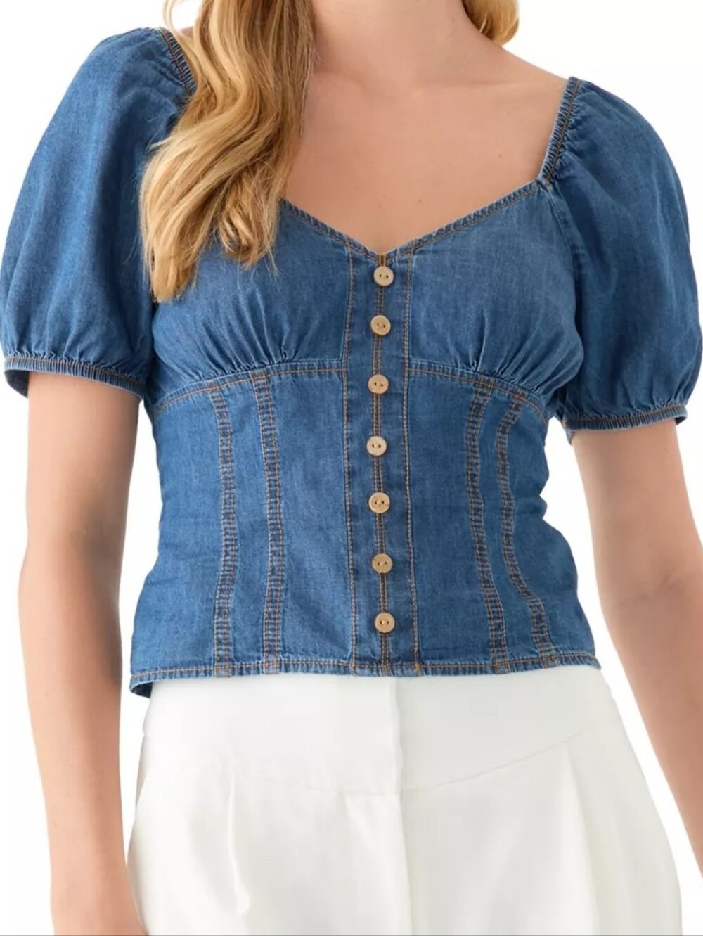 new A. BYER size XL Short Puff Sleeve V Neck Button Denim Top